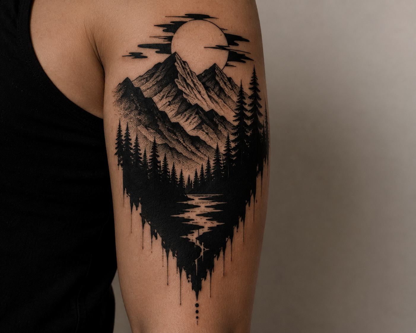 Bold blackwork mountain and forest tattoo on upper arm
